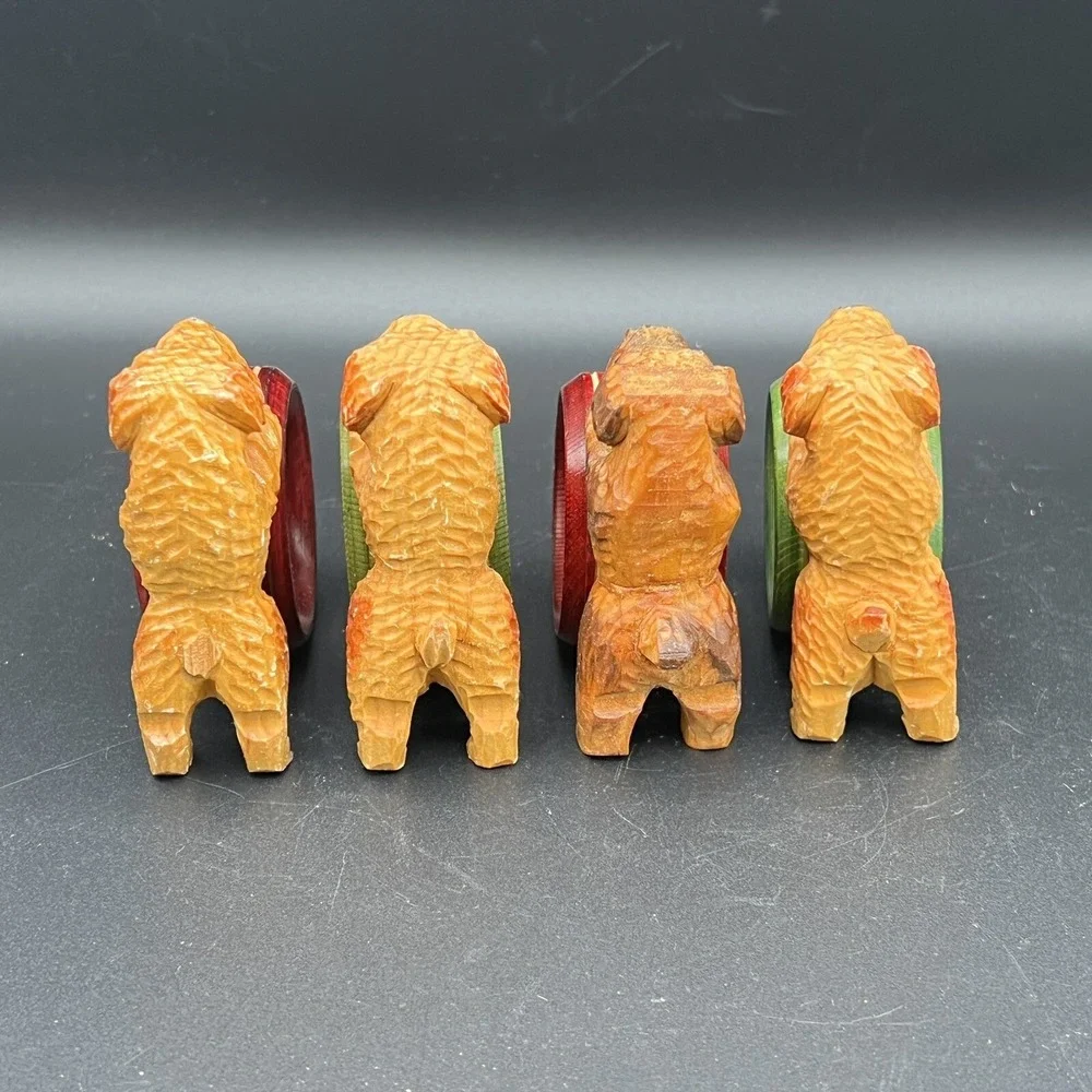 Terrier or Shih Tzu Puppy Dog Napkin Rings Wooden Red & Green Rings Set Of 4